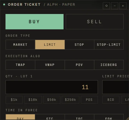 Execution: a panel of the SwiftTrade terminal