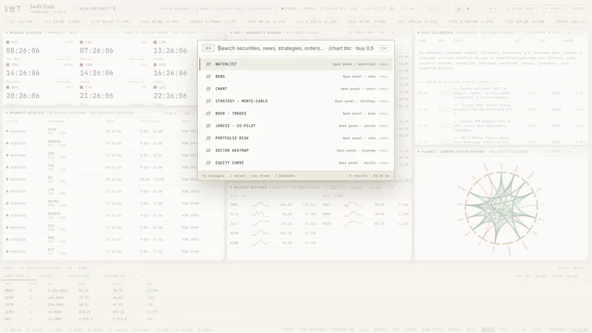 SwiftTrade terminal — Command palette